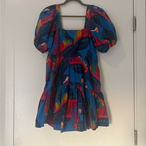 FARM RIO Blue Tucan Puff sleeve dress
